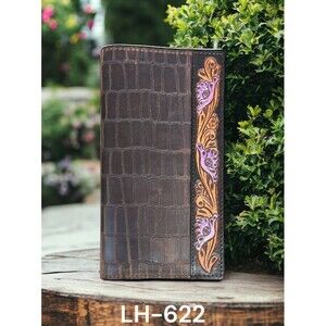 Ladies Country Western Faux Gator Pattern Floral Edge Bifold Rodeo Wallet‎ Brown